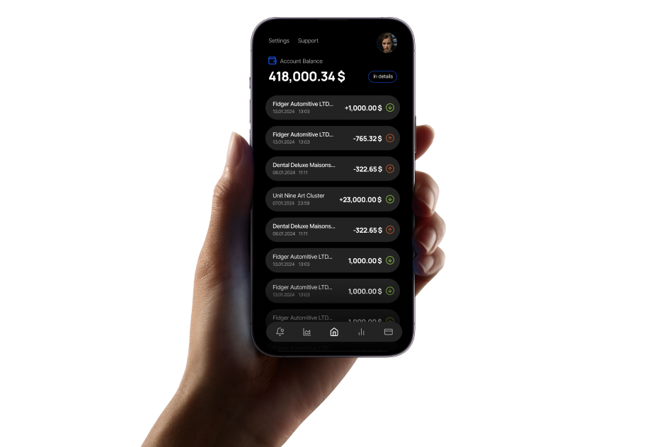 Smartphone in a woman's hand, financial application on the screen.
