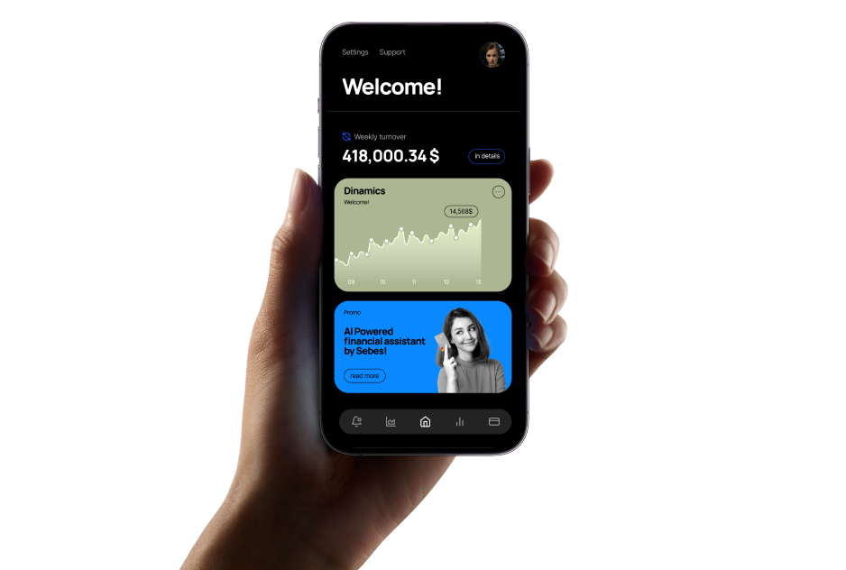 Smartphone in a woman's hand, financial application on the screen.