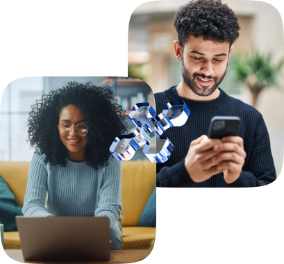 A woman with a laptop and a man with a smartphone.