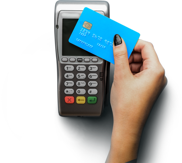 A blue credit card is placed on the payment terminal.