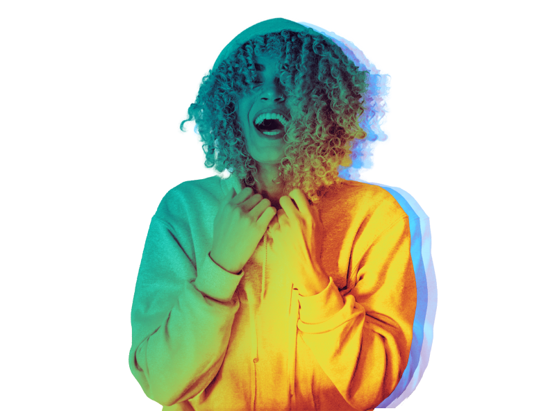 Girl in a hood laughs.